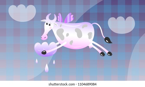 Vector illustration of a cartoon white positive cow with spots and wings flies and squeezes out of a white cloud of milk drops on a background of blue cells and an abstraction of wave isolates