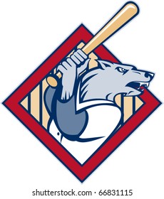 vector illustration of a cartoon Wild dog or wolf playing baseball batting with bat set inside a diamond