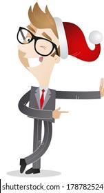 Vector illustration of a cartoon winking businessman wearing a santa hat, leaning and pointing.