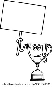 Vector illustration of cartoon winner trophy cup character holding empty sign in hand.Sport or business advertisement or marketing design.