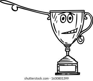 Vector illustration of cartoon winners trophy cup character showing or pointing at something by hand.Sport or business advertisement or marketing design.
