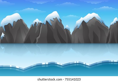 Vector illustration of Cartoon winter arctic ice landscape with iceberg and snow mountains rocks hills