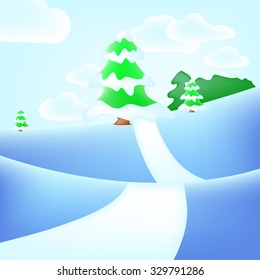 Vector illustration. Cartoon winter background with road, clouds and trees