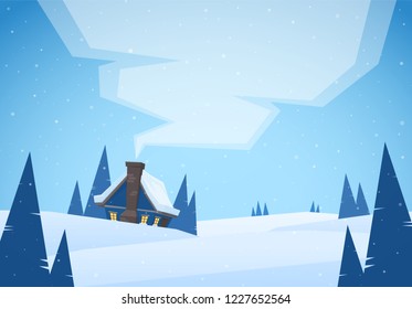 Vector illustration: Cartoon Winter christmas landscape with house and smoke from chimney.