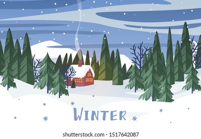 Vector illustration of cartoon winter cozy house with smoke from chimney surrounded by frozen forest card design. Wintertime mountain covered by snow nature landscape at blue sky snowflakes background