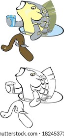 Vector illustration. Cartoon of winter fishing - fish in the hole eats a worm, and drink of that glass 