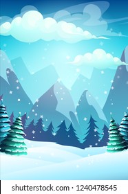 Vector illustration cartoon winter landscape. For web, video games, user interface, design.