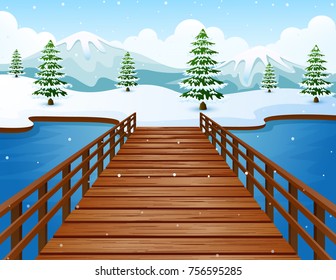 Vector illustration of Cartoon winter landscape with mountains and wooden bridge over river