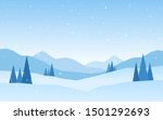 Vector illustration: Cartoon Winter snowy Mountains landscape with pines and hills.