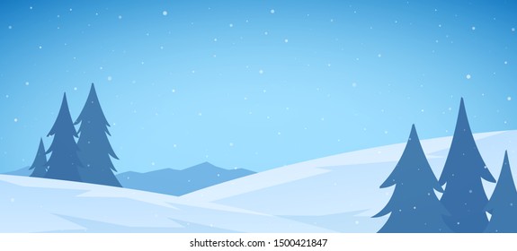 Vector illustration: Cartoon Winter snowy Mountains flat landscape with pines and hills. Christmas background