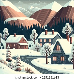 Vector illustration: Cartoon Winter snowy Mountains landscape with pines and hills.