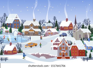 Vector illustration of cartoon winter village with houses and people enjoying outdoor activities card design. Wintertime small city landscape surrounded by tree at blue sky with snowflakes background