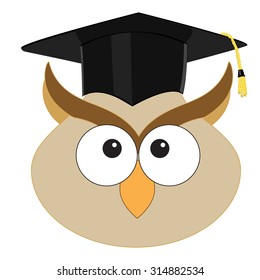 Vector illustration of cartoon wise owl in graduation hat. Symbol of knowledge and wisdom. Owl icon