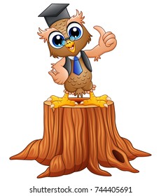 Vector illustration of Cartoon wise owl in graduation cap on tree stump