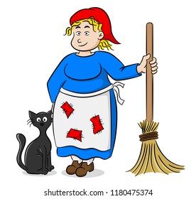 vector illustration of a cartoon witch with a black cat and a broom