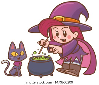 Vector illustration of Cartoon Witch and black cat with cauldron