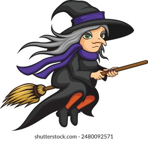 Vector illustration of a cartoon witch flying on her broom.