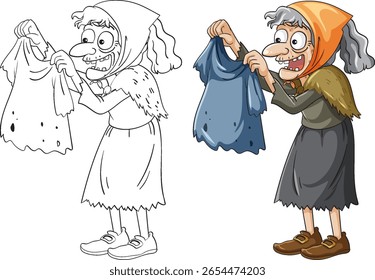 Vector illustration of a cartoon witch holding a tattered cloth. Includes both colored and line art versions
