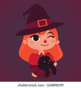 Vector illustration of a cartoon witch holding a black cat. Character isolated from background.
