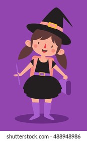 Vector illustration of a cartoon witch holding a lunch box and a wand, wearing a backpack.