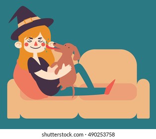 Vector illustration of a cartoon witch holding her dog on a sofa. The dog is licking her face.