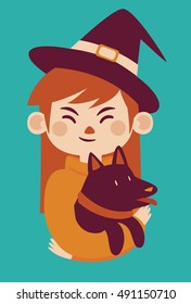 Vector illustration of a cartoon witch holding a dog in her arms.