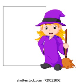 vector illustration of Cartoon witch holding broomstick