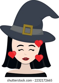 vector illustration of a cartoon witch in love surrounded by hearts