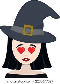 vector illustration of cartoon witch in love and with eyes in the shape of hearts