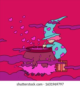 vector illustration of cartoon witch making a love potion. vector illustration of cards, stickers, cartoons, banners and simpols. Vector Art of Valentines Day