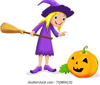 Vector illustration of cartoon witch and pumpkin isolated on white background