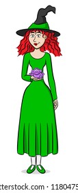 vector illustration of a cartoon witch with a purple toad and a hat