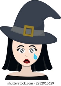 vector illustration of a cartoon witch, with a sad expression, with teary eyes and a tear