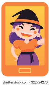 Vector illustration of a cartoon witch taking a selfie.