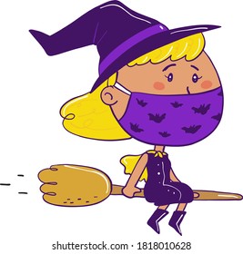 Vector illustration of a cartoon witch wearing a mask and flying on a broom.