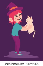 Vector illustration of a cartoon witch wearing a hat and holding a cat.