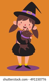 Vector illustration of a cartoon witch wearing school uniform and a backpack, holding her brown dog.