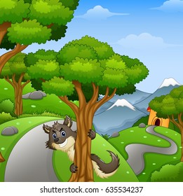 Vector illustration of Cartoon wolf lurking in the forest road