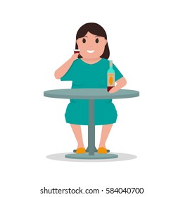 Vector illustration cartoon woman alcoholic drink alcohol alone at table. Isolated white background. Concept of female alcohol dependence, addict human, abuse. Flat style. Woman drunkard.