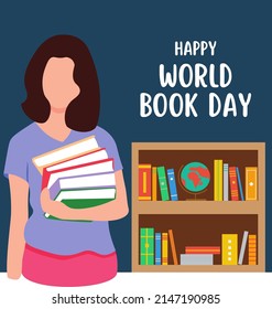 vector illustration of cartoon woman carrying book, library, text. top view, perfect for study, background, social media and commemorating world book day