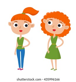 Vector illustration of cartoon woman in casual clothes in various poses isolated on white. Red-haired woman in green dress for cocktail party. Woman with pony tail in jeans and blouse. Elegant ladies.