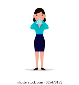 Vector illustration of a cartoon woman caught a cold, sneezing, ill. Isolated white background. Girl has flu, sneeze, spring allergies. Flat style. Woman allergic sneezing into a handkerchief.