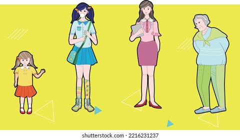 Vector illustration cartoon of a woman in different ages from girl to elderly