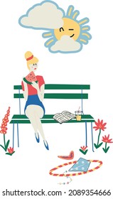 Vector illustration cartoon woman eating watermelon sitting in the park