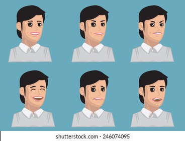 Vector illustration of cartoon woman with facial expressions for different emotions.