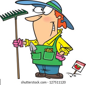 A vector illustration of cartoon woman gardening