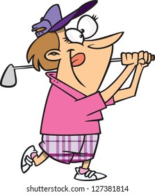 A vector illustration of cartoon woman golfing