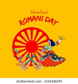 Vector illustration of cartoon woman graphic, text, guitar, romani symbol. top view, perfect for background, wallpaper and commemorate international romani day