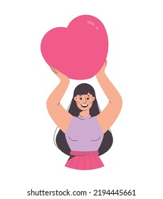 Vector illustration of cartoon woman holds heart isolated on white background. Art for Vilentine's card, newsletters, advertising, mailing list, business, greetings, seo, social media.