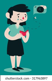 Vector illustration of a cartoon woman opening her wallet while a fly is flying out of it. Both look sad. Characters isolated from background.
